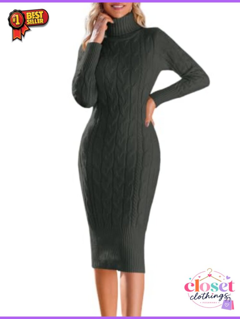 Turtleneck Sweater Dress Ribbed Knit Bodycon Midi Fall Winter Women Pullover